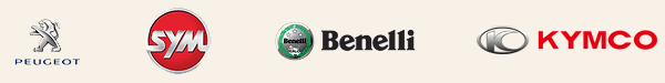 logos des marques Peugeot, SYM, Benelli et Kymco